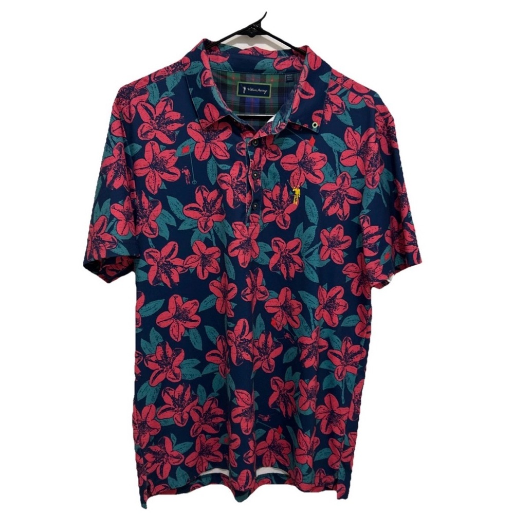 William Murray Men's Floral Golf Polo Shirt - Blue and Pink Medium